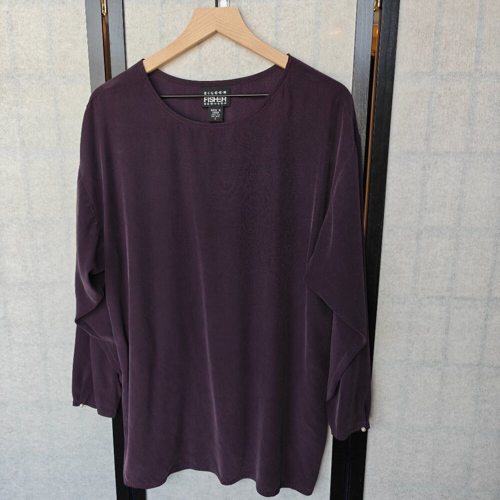 Eileen Fisher Silk Purple Oversized Jewel Neck Long Sleeve Tunic Lagenlook